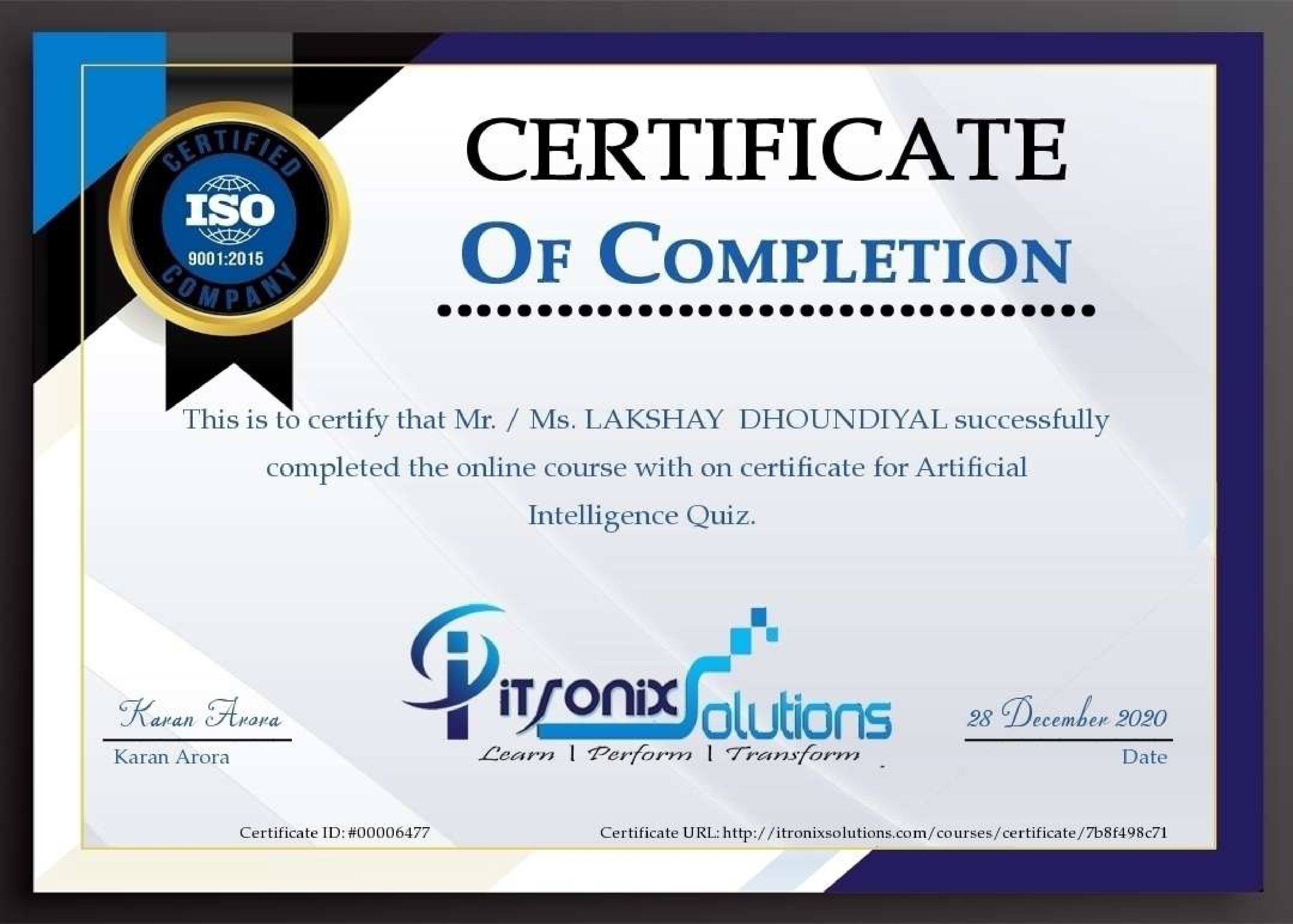 Artificial Intelligence Quiz certificate preview